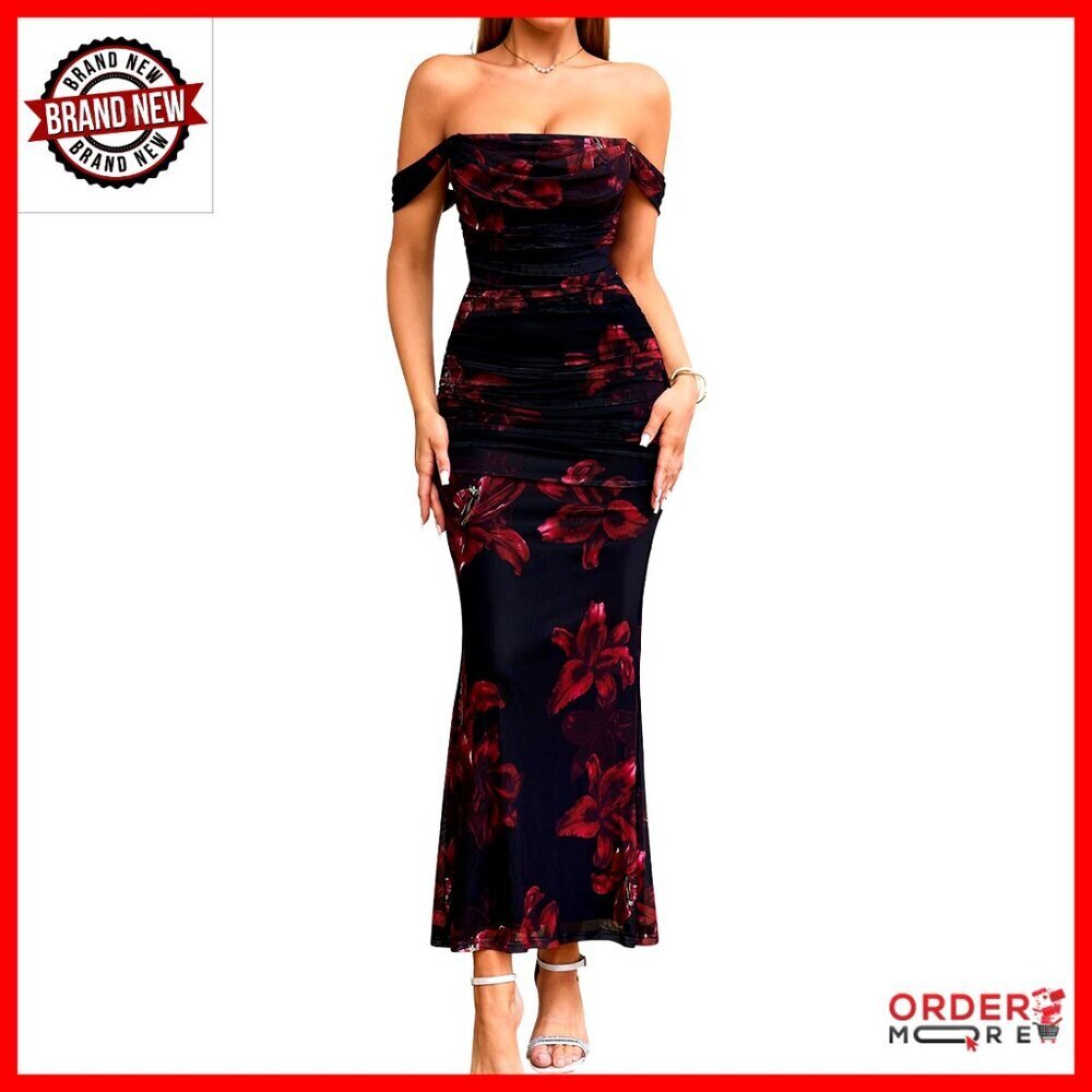 Off Shoulder Ruched Corset Maxi Dress Formal Bodycon Backless Wedding Guest